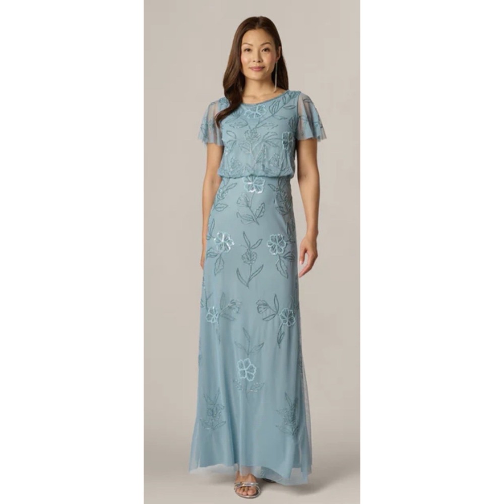 Adrianna Papell Boat Neck Short Flutter Sleeve Beaded Blouson Long Dress Size‎ 4